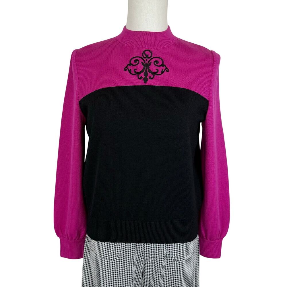 St. John Santana Knit Vintage Mockneck Sweater Fuchsia Black Long Sleeve Wool M